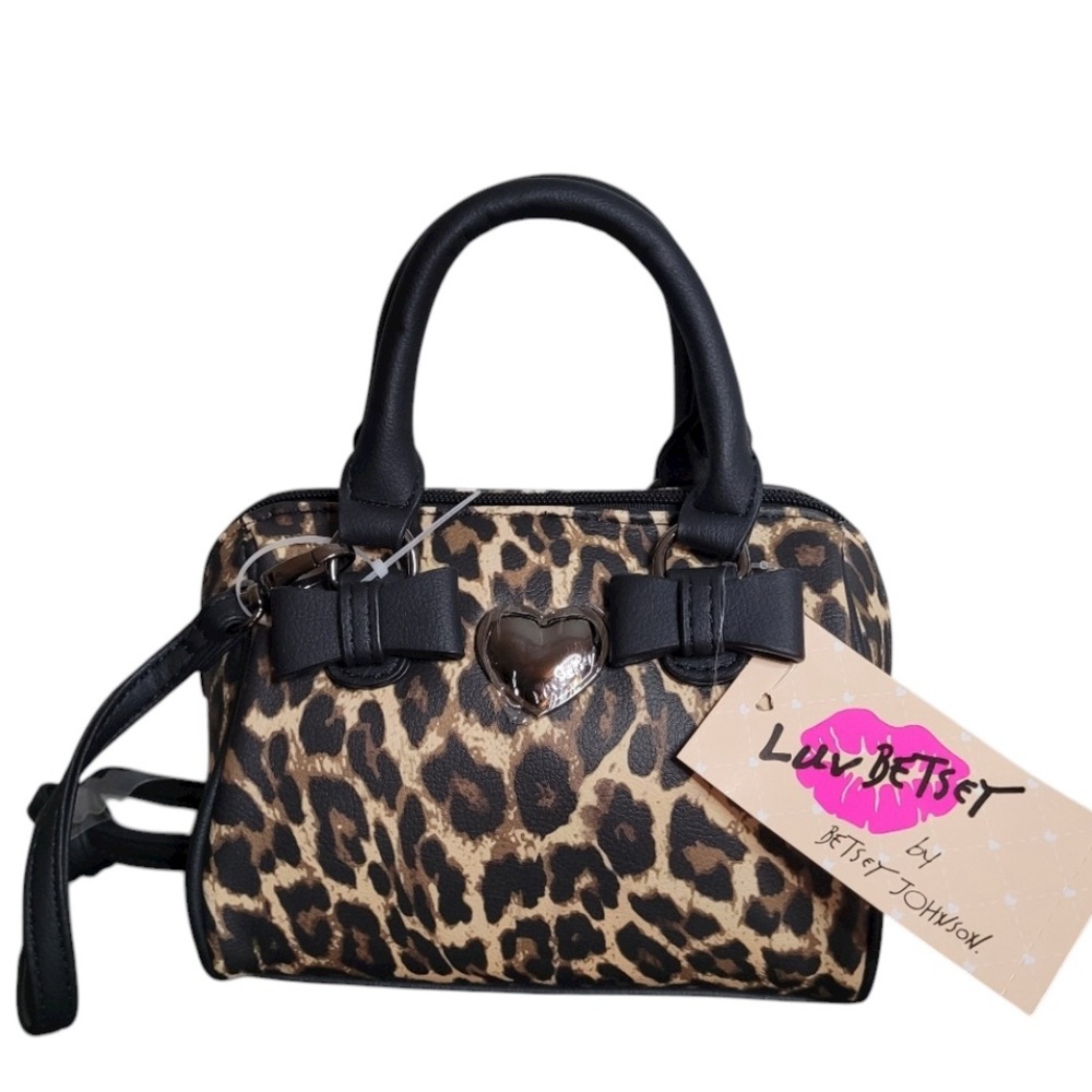 NWT Betsey Johnson Harley Leopard Mini Barrel Satchel with Bow Accents